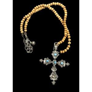 Religious Bohemian Wood Beaded Silver Tone Cross Necklace